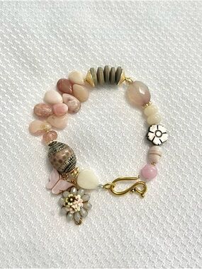 New Handcrafted Pink & Cream Beaded Women’s Bracelet with Floral Charm